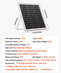 20W 12V solar panel battery charger with intelligent MPPT controller, shown with adjustable mount bracket and specifications.