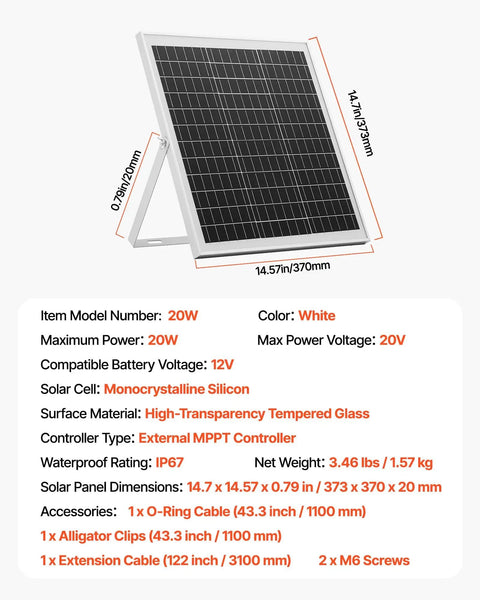 20W 12V solar panel battery charger with intelligent MPPT controller, shown with adjustable mount bracket and specifications.