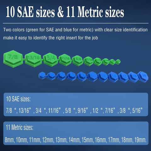 Magnetic Socket Insert Adapter Set 21 Piece With Hex Profile For Easy Work SAE And Metric Sizes Includes color-coded size display