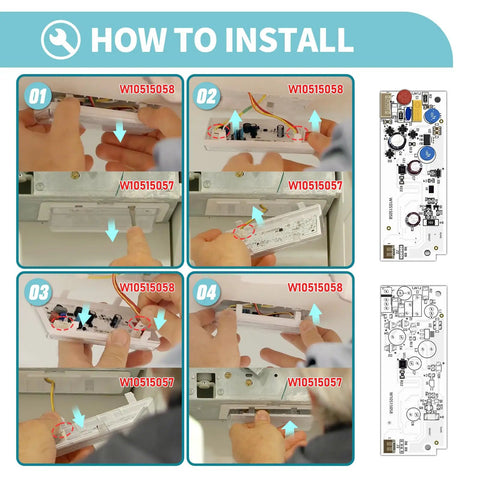 Refrigerator LED Light Replacement Kit With Main Driver W10515058 And Two LED Boards W10515057 For Kenmore Maytag Whirlpool Models WPW10515058 WPW10515057 WRS325FDAM04 WRS325FDAM02 No Cover Included Easy Install step-by-step installation guide