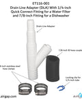 Drain Line Adapter with 1/4-inch Quick Connect for water filter and dishwasher drain hose, includes hose clamps and coupler.