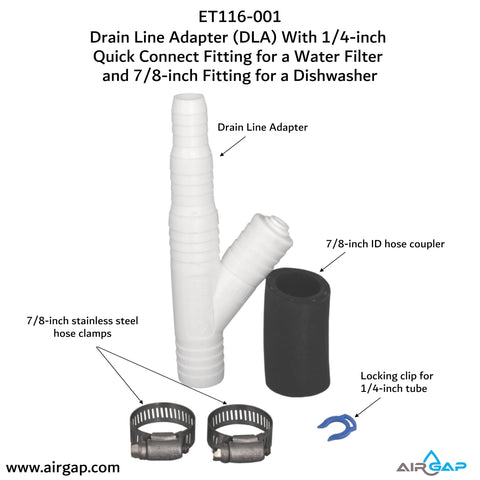 Drain Line Adapter with 1/4-inch Quick Connect for water filter and dishwasher drain hose, includes hose clamps and coupler.