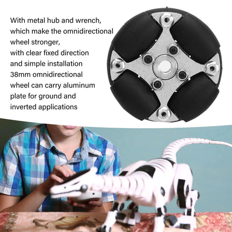 Close-up of Vvikizy 38mm omnidirectional wheel with aluminum hubs and 8 PU rollers