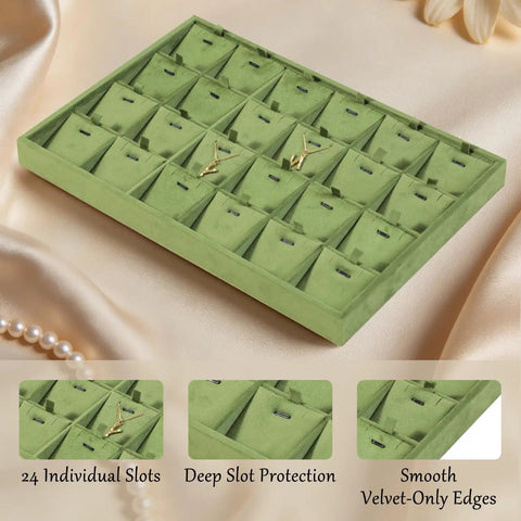 Top Shelf Velvet Jewelry Tray With 24 Individual Sections For Pendants Folded Chains And Stud Earrings Soft Touch Holder showing 24 divided slots in green.