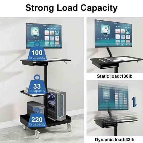 Heavy Lifter Mobile Workstation Cart With No Sweat Rolling Casters And Fully Adjustable Gas Spring Monitor Stand Plus Secure CPU Tray For Seamless Standing Desk Transitions In Matte Black with strong load capacity indicators