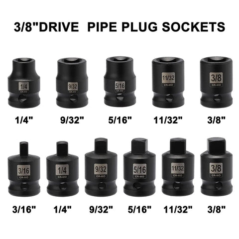 11-Piece Three Eighths Inch Drive SAE Pipe Plug Socket Set With Tapered Male Square Drive And Chamfered Female Square Drive In Chrome Molybdenum Steel With Black Phosphate Finish Heavy Duty Pro Grade Auto Shop Gear For Everyday Maintenance arranged in two rows with size labels