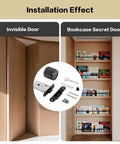 Two Pack Invisible Minimalist Door Lock With A Single Sided Black Round Handle Hidden Design shown on bookshelf doors