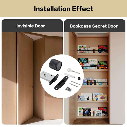 Two Pack Invisible Minimalist Door Lock With A Single Sided Black Round Handle Hidden Design shown on bookshelf doors