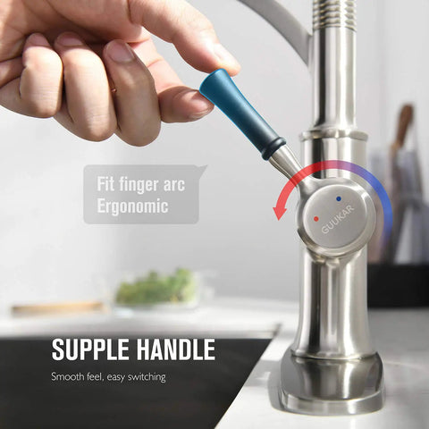Close-up of handle on Pull Down Sprayer Kitchen Faucet With Single Handle In Brushed Nickel Finish, High Arc Gooseneck Spout, 360 Degree Rotation
