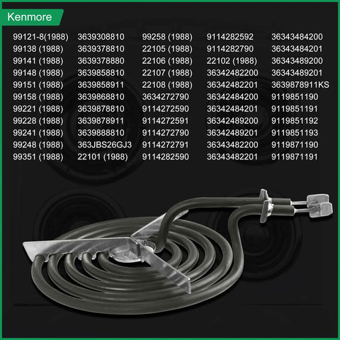 Four Pack Electric Stove Burner Replacements for 6 Inch and 8 Inch Electric Ranges Compatible with Most Major Brands WB30M1 WB30M2 Replacement Elements shown next to Kenmore compatibility list.
