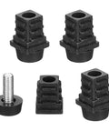 4 Pack Adjustable Furniture Leveling Feet, M6 Screw In Square Tube Glides, black plastic feet set for table and chair stability.