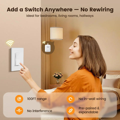 Woman using Three Way Wireless Light Switch and Receiver Kit Upgrade Works With Your Existing Switch No Neutral Wire Needed Decora Compatible