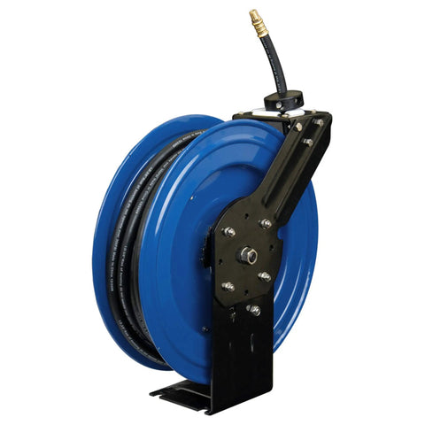 Heavy Duty All Steel 3/8 Inch By 50 Foot Retractable Air Hose Reel With Automatic Rewind, German-Made Hose, 5 Way Roller Guides