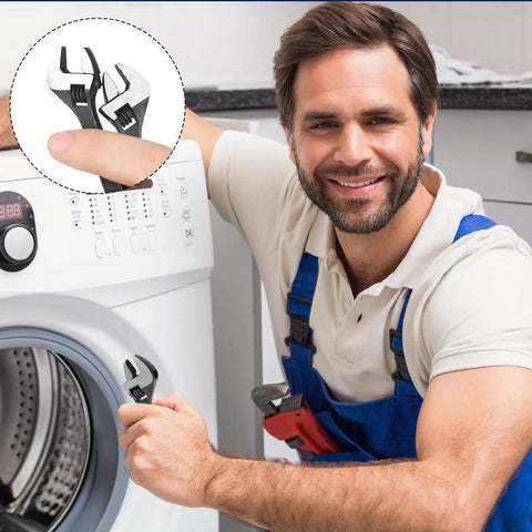 Man using Two Pack 2.5 Inch Mini Adjustable Crescent Wrenches With Locking Keychain for home DIY washer repair.
