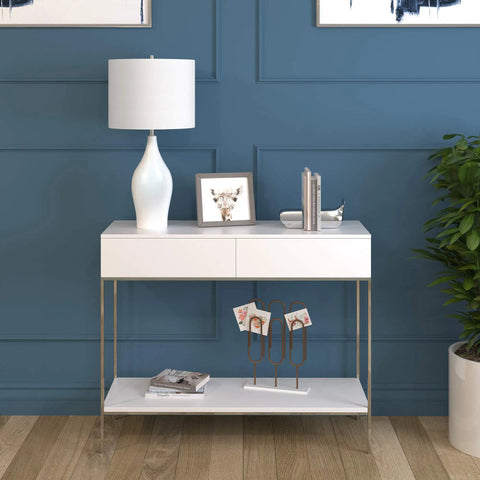 28.25 Inch Tall Porcelain Table Lamp With White Drum Fabric Shade Candlestick Base on modern console table against blue wall.