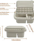 Must-Have Paint Brush Cleaner And Holder With Built-In Palette And Wash Basin For Acrylic, Watercolor, And Water-Based Paints, Compact Portable Organizer In Gray, showing dimensions and features.