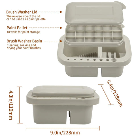 Must-Have Paint Brush Cleaner And Holder With Built-In Palette And Wash Basin For Acrylic, Watercolor, And Water-Based Paints, Compact Portable Organizer In Gray, showing dimensions and features.