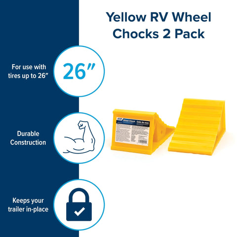Camco RV wheel chocks (2-pack), yellow molded plastic, for wheels up to 26 inches