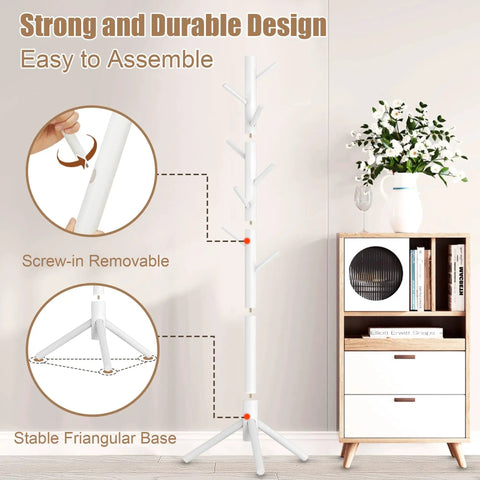 Wooden Coat Rack Stand With Eight Hooks Freestanding Coat Tree With Three Adjustable Heights in white finish next to drawer