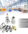 Solid 18-Piece 1/4 Inch Air Compressor Quick Connect Hose Fitting Set With Pneumatic Iron Arrow Case, Double Male And Female Adapters For All Your Air Tools And Hose Extensions. 1/4 inch metal air hose fittings on workshop floor