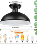 Farmhouse Semi Flush Mount Ceiling Light Fixture With E26 Base, black barn shade, dimensions and bulb options