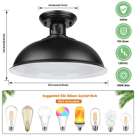 Farmhouse Semi Flush Mount Ceiling Light Fixture With E26 Base, black barn shade, dimensions and bulb options