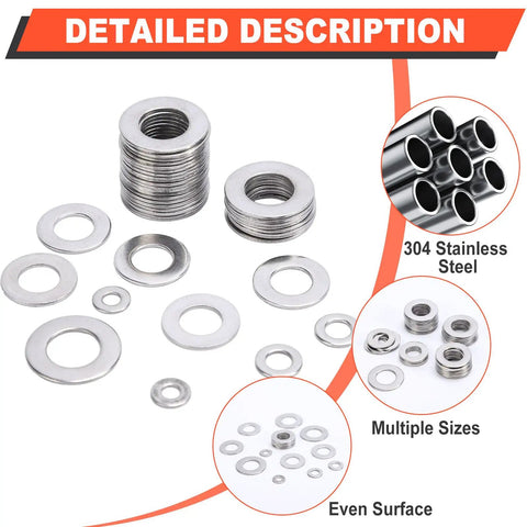 600 Piece Flat Washers Set For Screws And Bolts 304 Stainless Steel Assortment Kit With 7 Sizes M3 M12 in detailed description