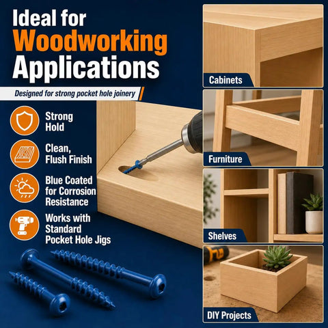 Pro Grade Pocket Hole Screws Kit With 720 Pieces In Five Sizes used in woodworking for cabinets, furniture, and shelves.
