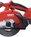 Heavy Duty Cordless Circular Saw For Clean Ferrous Metal Cuts With Six Half Inch Blade And 3500 Rpm Speed Built Damn Tough With Electronic Brake Includes Rock Solid Batteries Fast Charger And Pro Soft Case Ready To Go side view showing blade and handle.