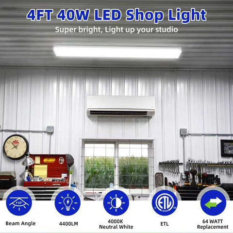 4 Foot LED Wraparound Light 40W 4400Lm 4000K Neutral White Flush Mount Ceiling Fixture For Garage Office Kitchen Energy Saving Replaces 2 Lamp 32W Fluorescent ETL Listed installed in a workshop