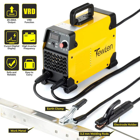 250A Arc Welder Kit With All In One Dual Voltage 110 220V Inverter Stick Welder VRD Hot Start in yellow casing displayed with clamps and rods