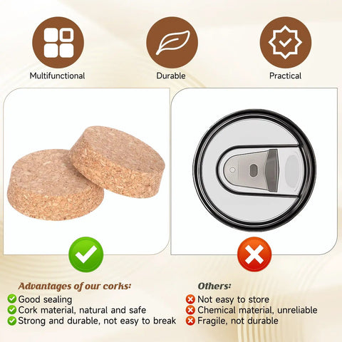 Two Pack Cork Bottle Stoppers Set For Jars And Glass Bottles next to a metal lid, illustrating cork advantages