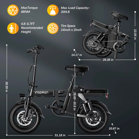 Side view of Foldable 14 Inch Electric Bike For Adults With 1500W Peak Motor Top Speed 20 MPH showing dimensions and foldability