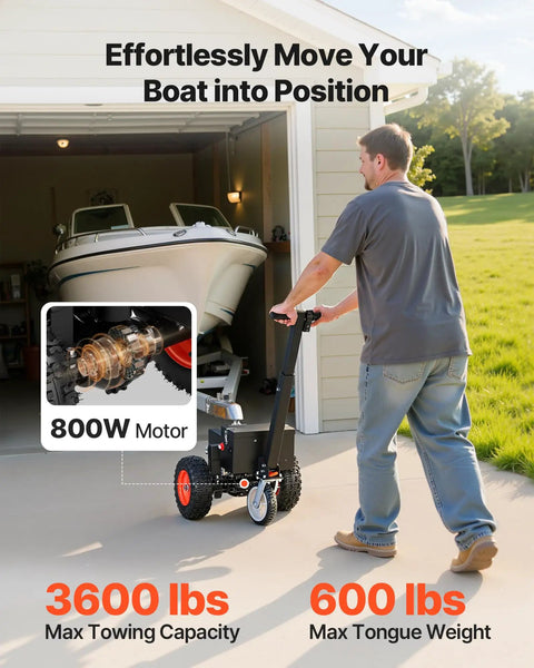 VEVOR Electric Trailer Dolly Moves 3600 Lbs With Ease Boosts Your RV And Boat Hauling Game Big Time in garage, 800W motor visible.