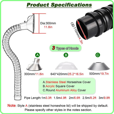 Heavy Duty Flex Extractor Hose That Pulls Smoke And Dust Straight Outta Your Shop with 300mm diameter and three types of hoods.