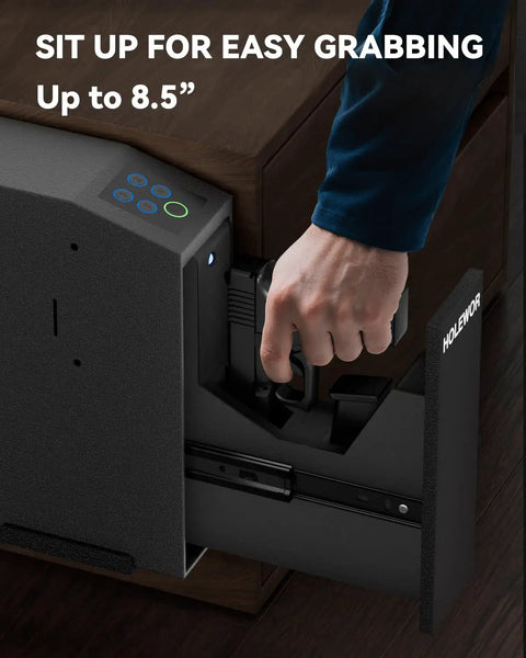 Lightning Fast Biometric Gun Safe For Bedside Handgun Storage Featuring Quick Draw Sliding Door Design And Foolproof Fingerprint Scanner for easy access to firearm in drawer.