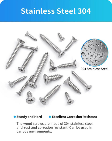 Top Shelf 304 Stainless Steel Wood Screws Assortment Kit With Phillips Flat Heads And Self Tapping Design Made For Fixin Up Patios Or Garages Comes Rigged With 550 Pieces Sizes 4 Through 12 - assorted screws on display