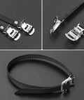 Two Pack Bicycle Pedal Toe Straps for Mountain, Road, Spin and MTB Bikes with an Adjustable Steel Buckle shown against black background.