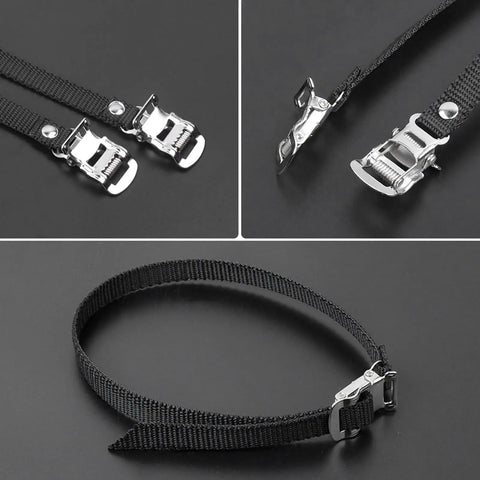 Two Pack Bicycle Pedal Toe Straps for Mountain, Road, Spin and MTB Bikes with an Adjustable Steel Buckle shown against black background.