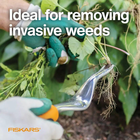 Ergo Weeder Tool For Weeding, Heavy Duty Gardening Hand Tool with ergonomic handle uprooting weeds, close-up view