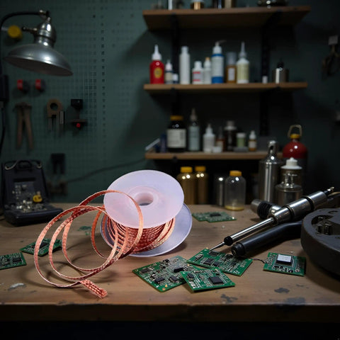 Desoldering Solder Wick Braid 2.0mm Width, 1.5m Length on workbench with PCBs in workshop