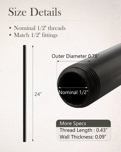 Half Inch By Twenty Four Inch Black Malleable Iron Pipe Nipples Fittings Ten Pack Threaded Both Ends With Rust Preventive Coating Ideal For Diy Steampunk Industrial Vintage Style Makers And Home Projects size details