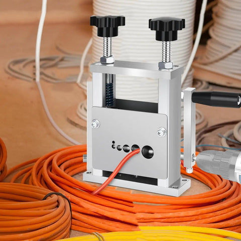Precision Wire Stripper Machine With Drill Attachment And Manual Crank Options For Electrical Work Durable Alloy Steel Construction, featuring adjustable clamps.