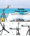 Overhead Camera Tripod With Ball Head And Flexible Center Column Tall 90 Inch Metal DSLR Video Stand at ocean with instructions.