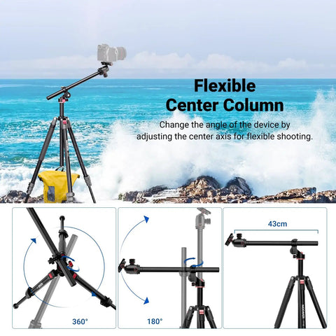 Overhead Camera Tripod With Ball Head And Flexible Center Column Tall 90 Inch Metal DSLR Video Stand at ocean with instructions.