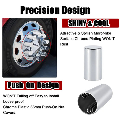 33 Millimeter Lug Nut Covers Kit For Hub Piloted Wheels Three And A Half Inch Tall ABS Chrome Push On Nut Covers For Semi Trucks Trailers Complete Axle Cover Set Twenty Pack, showing chrome nut covers on wheel and individual cover detail.
