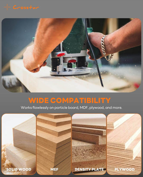 Person using a router on wood with Flush Trim Router Bit Set Four Piece One Quarter Inch Shank Top And Bottom Bearing Carbide Template Guide Bits