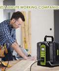 Portable 350W Power Inverter For Ryobi 40V Batteries, Pure Sine Wave DC 40V To 120V AC Converter, 6 Output Ports displayed at a worksite