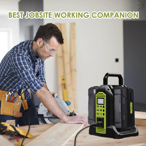 Portable 350W Power Inverter For Ryobi 40V Batteries, Pure Sine Wave DC 40V To 120V AC Converter, 6 Output Ports displayed at a worksite