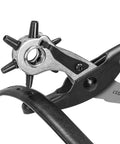 Heavy Duty 9 Inch Leather Hole Punch Tool Rotary Belt Hole Puncher With Ergonomic Non Slip Handle demonstrated on leather belt